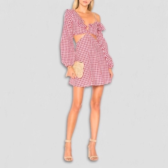 NWOT Lovers and Friends Love Bliss Mini Dress One Shoulder Cut Out Gingham Red M - Picture 1 of 16
